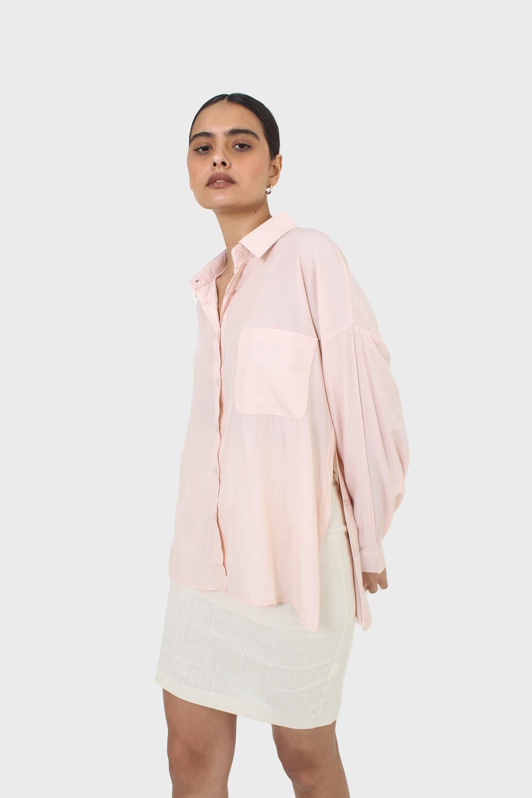 Pink asymmetric buttons shirt_5