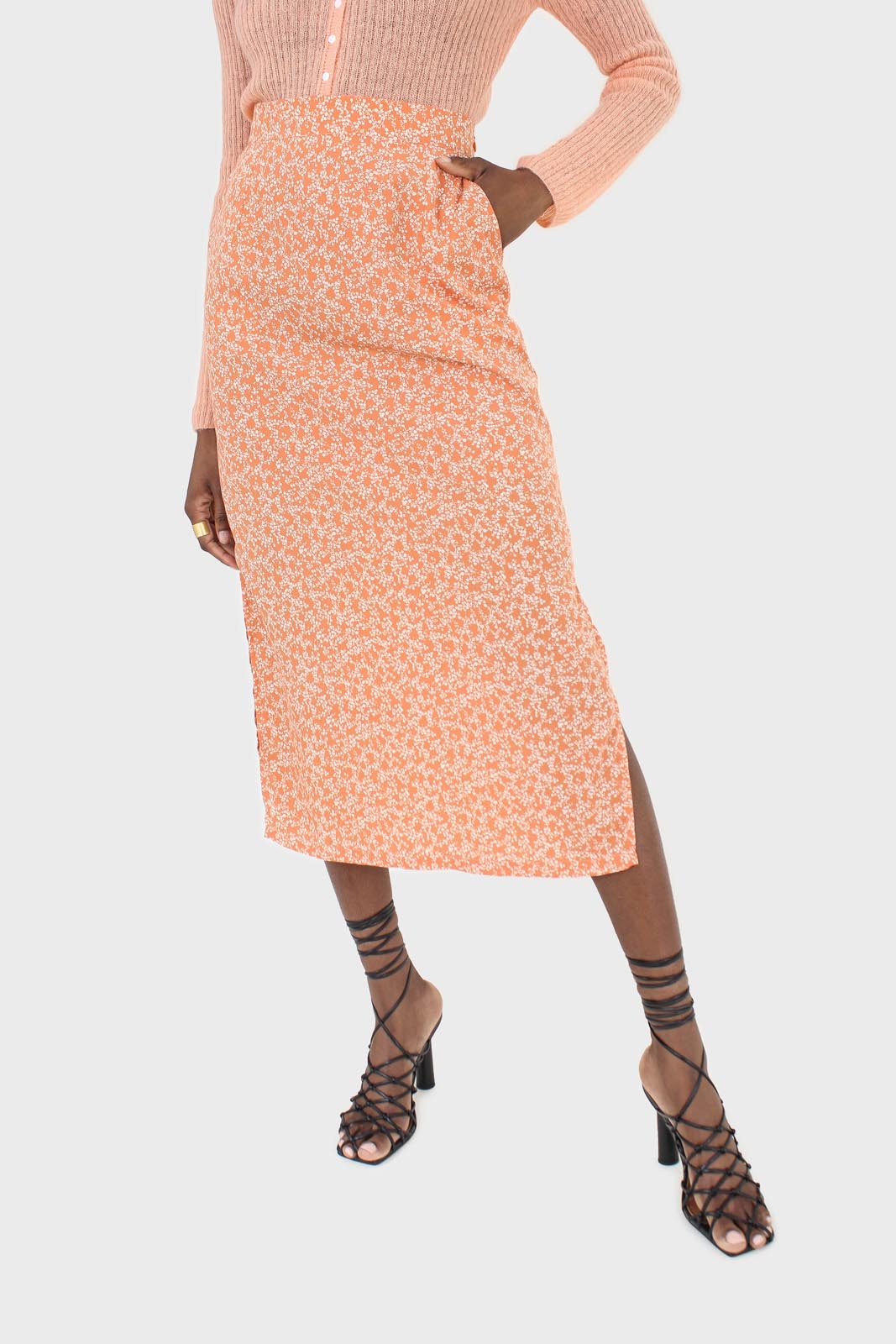 Orange tiny floral print midi skirt_2