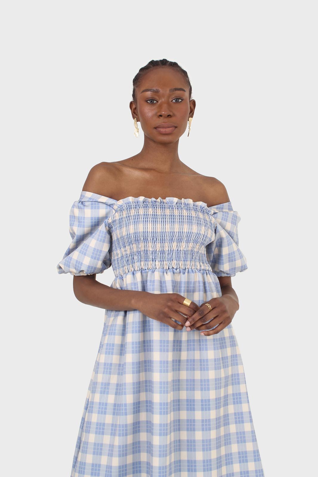 Blue and ivory checked shirred puff sleeved midi dress_6