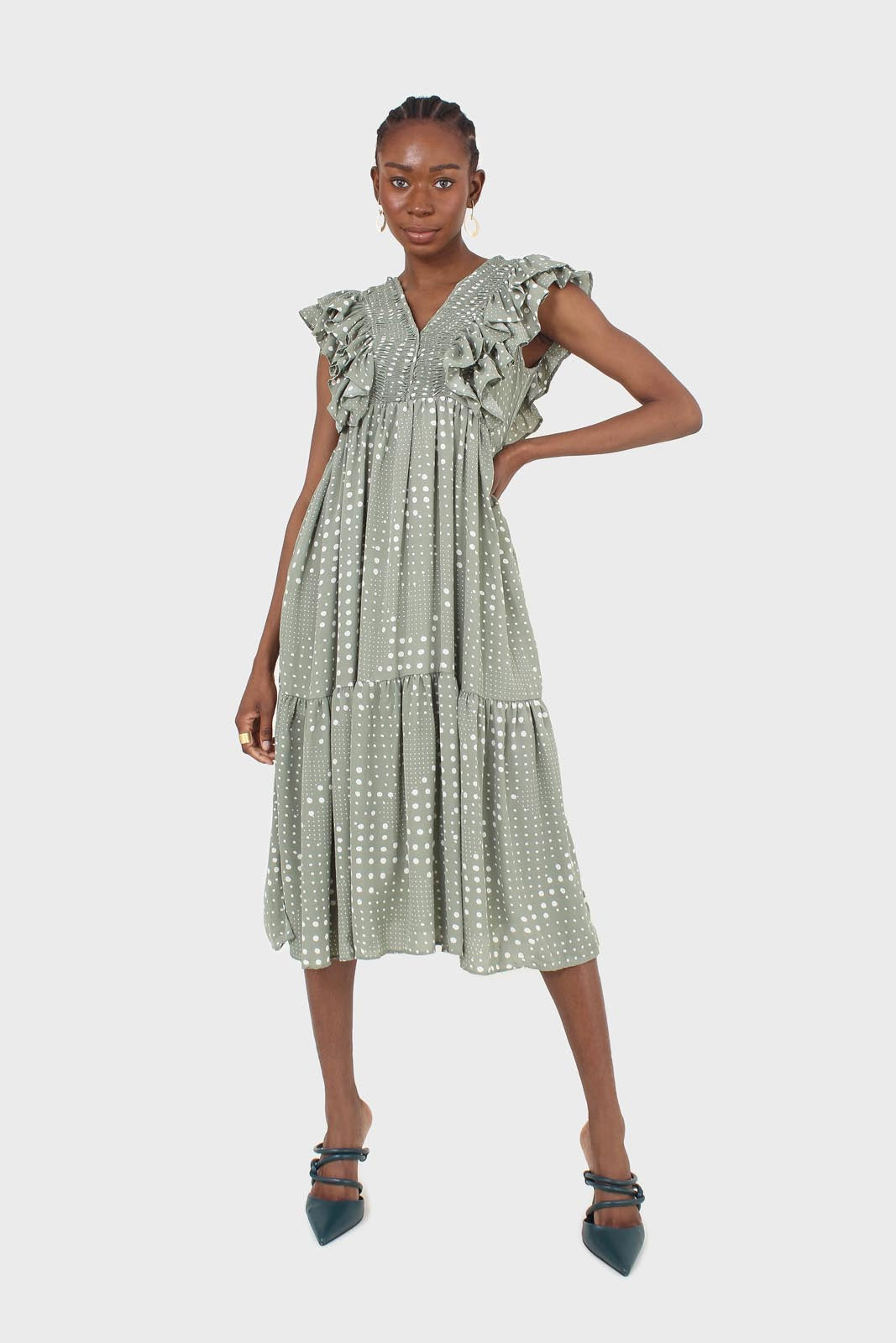 Green and white dappled ruffle V neck midi dress_1