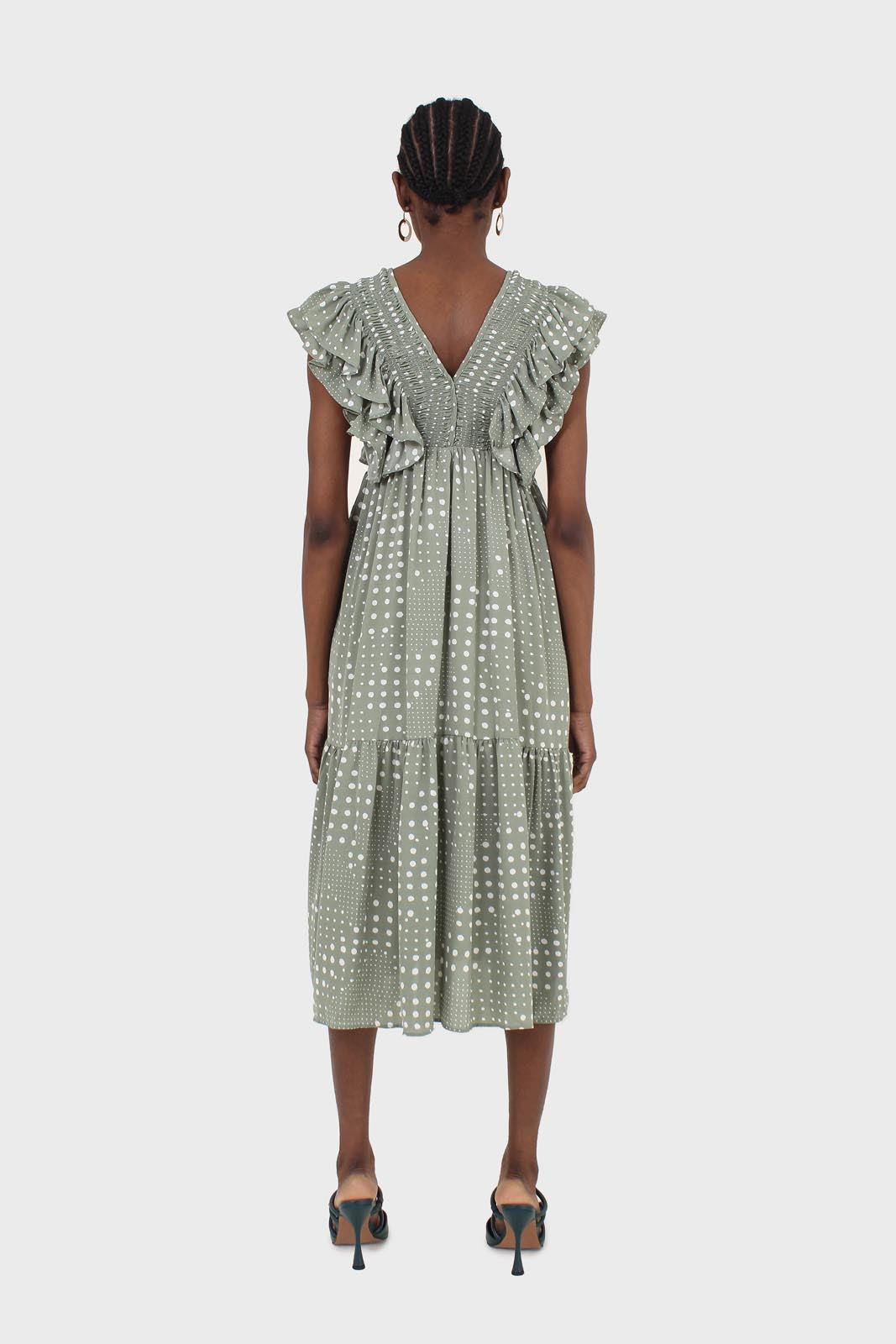 Green and white dappled ruffle V neck midi dress_2