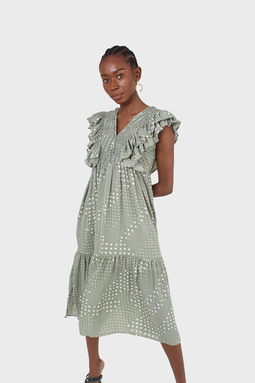 Green and white dappled ruffle V neck midi dress_5