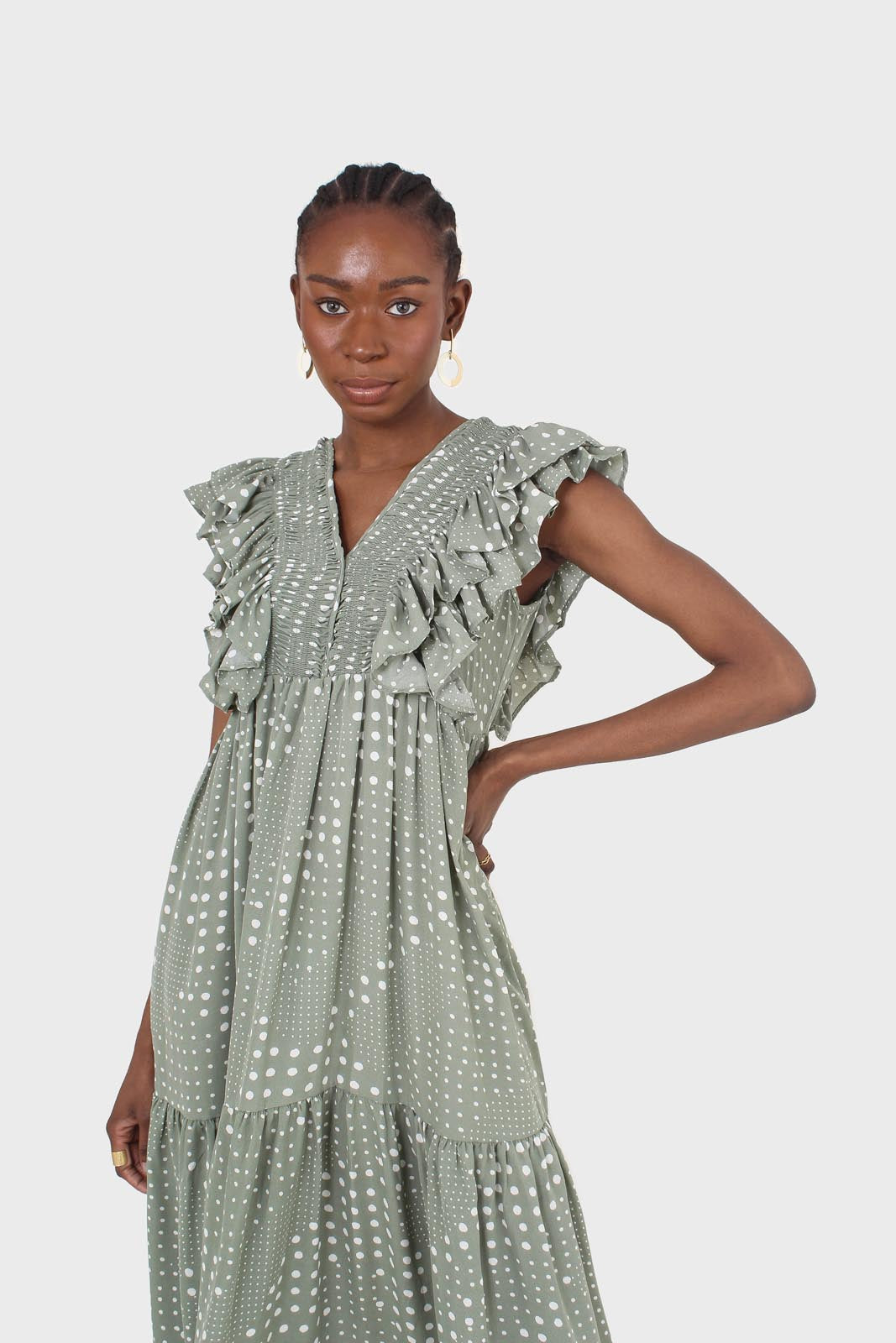 Green and white dappled ruffle V neck midi dress_6