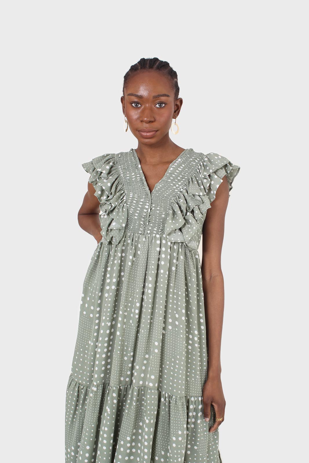 Green and white dappled ruffle V neck midi dress_7