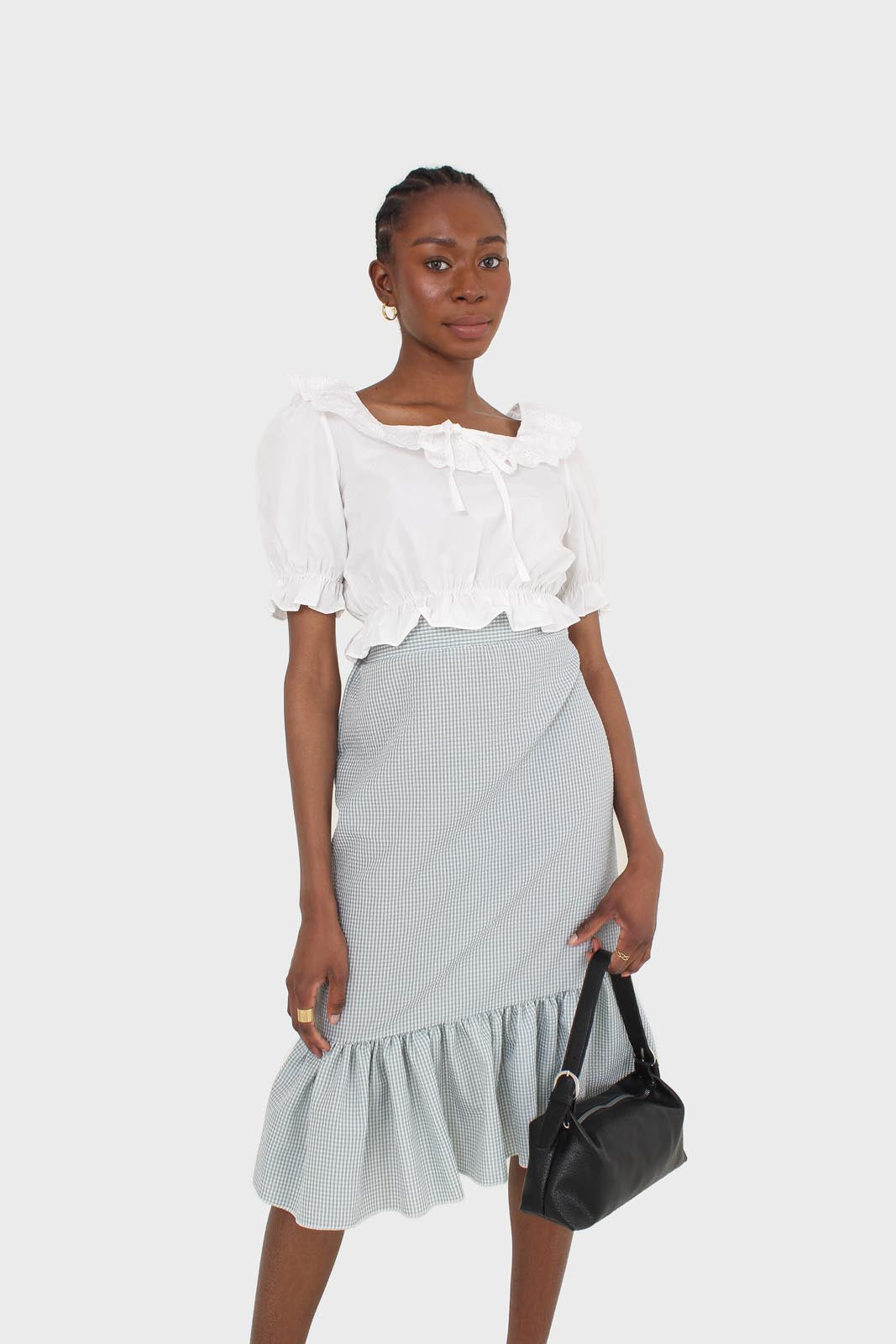 Ivory cropped puff sleeved broderie anglaise trim top_16