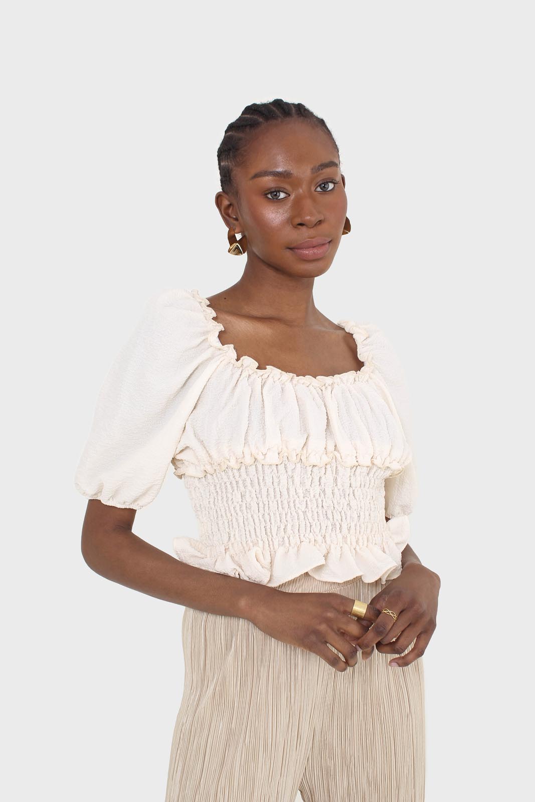 Cream ruched bodice puff sleeved top_1