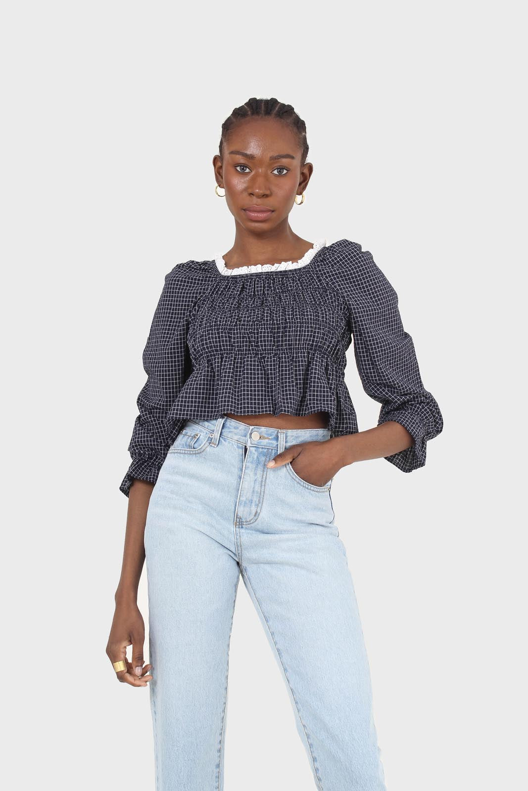 Navy and ivory grid print shirred long sleeved top_4