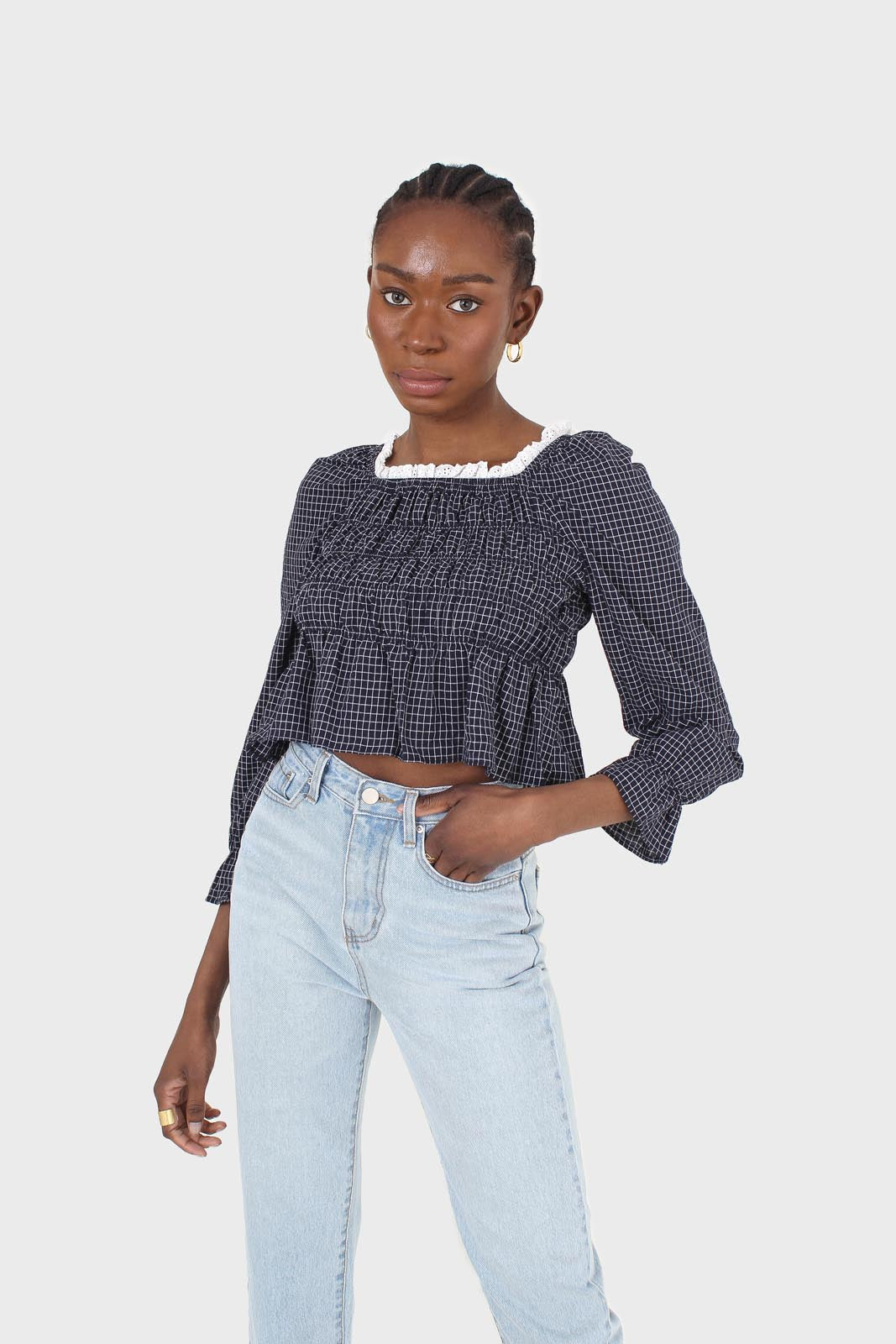 Navy and ivory grid print shirred long sleeved top_5