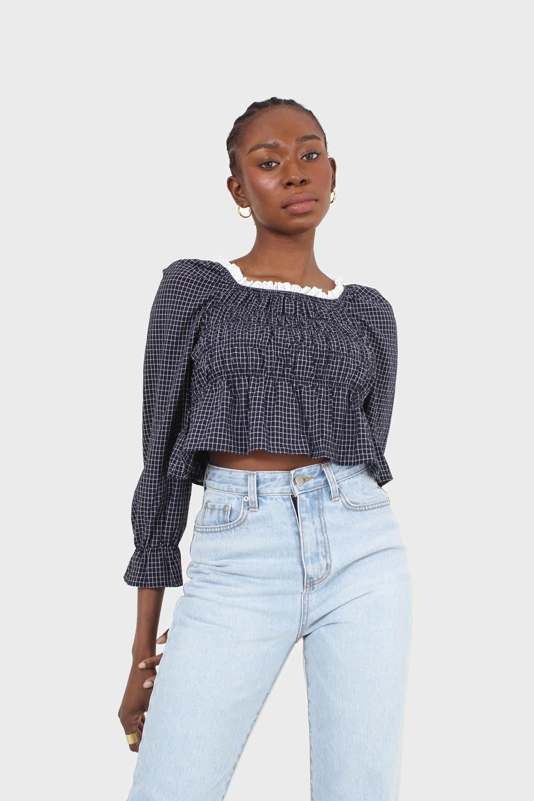 Navy and ivory grid print shirred long sleeved top_6