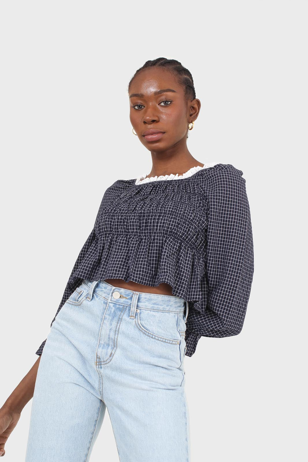 Navy and ivory grid print shirred long sleeved top_7