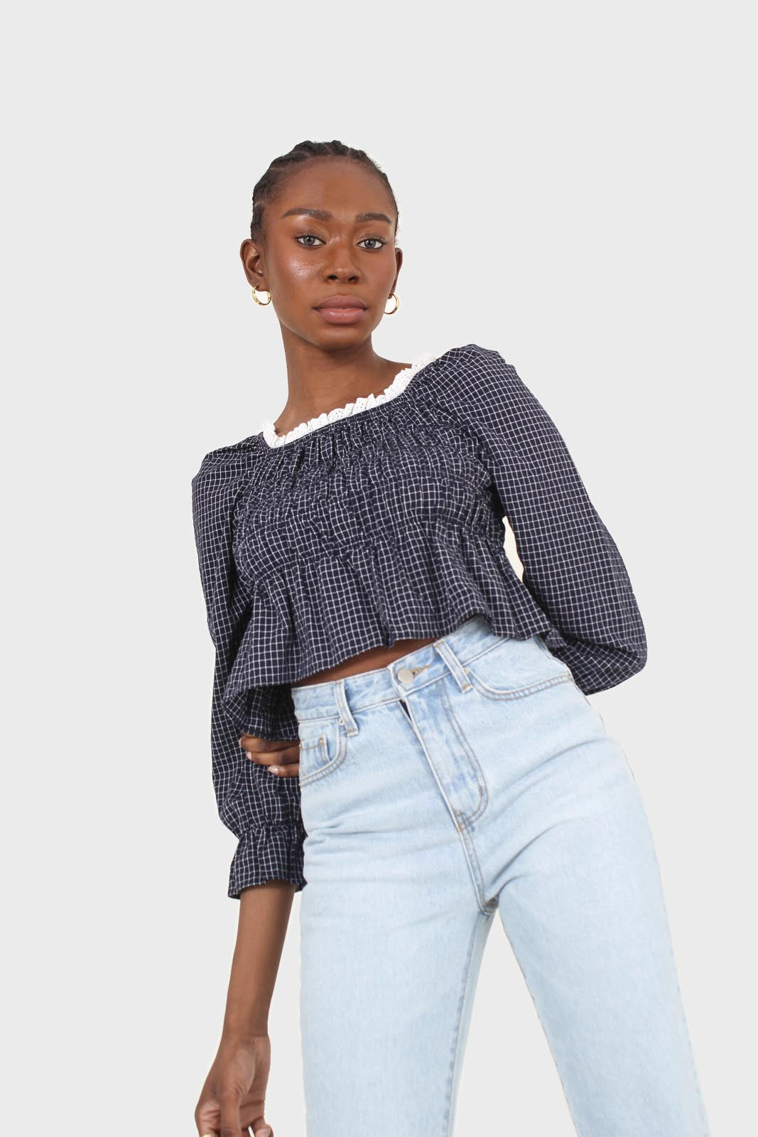 Navy and ivory grid print shirred long sleeved top_8