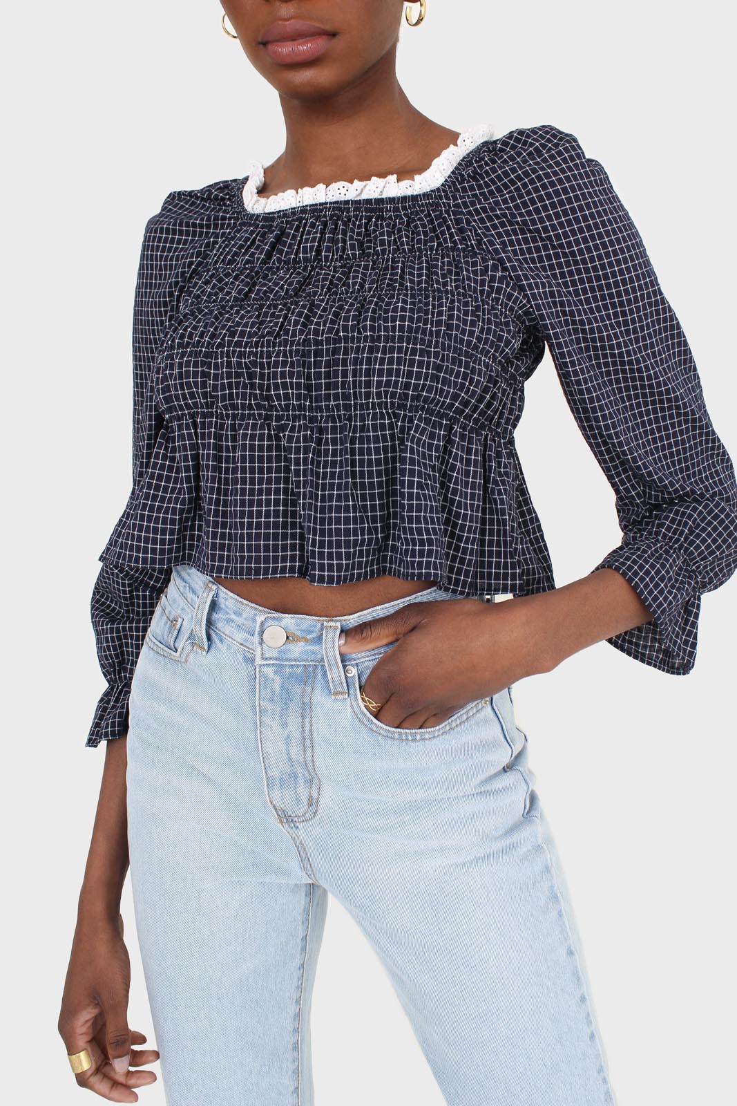 Navy and ivory grid print shirred long sleeved top_2