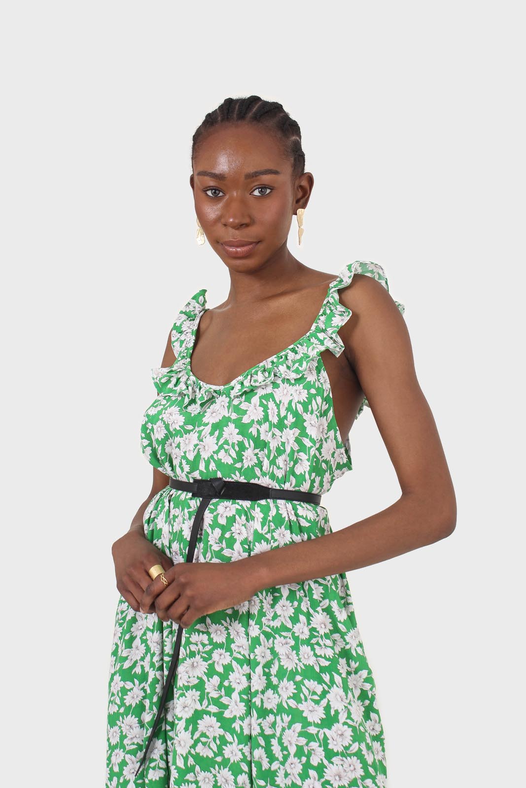 Green and ivory floral print ruffle strap midi dress_4