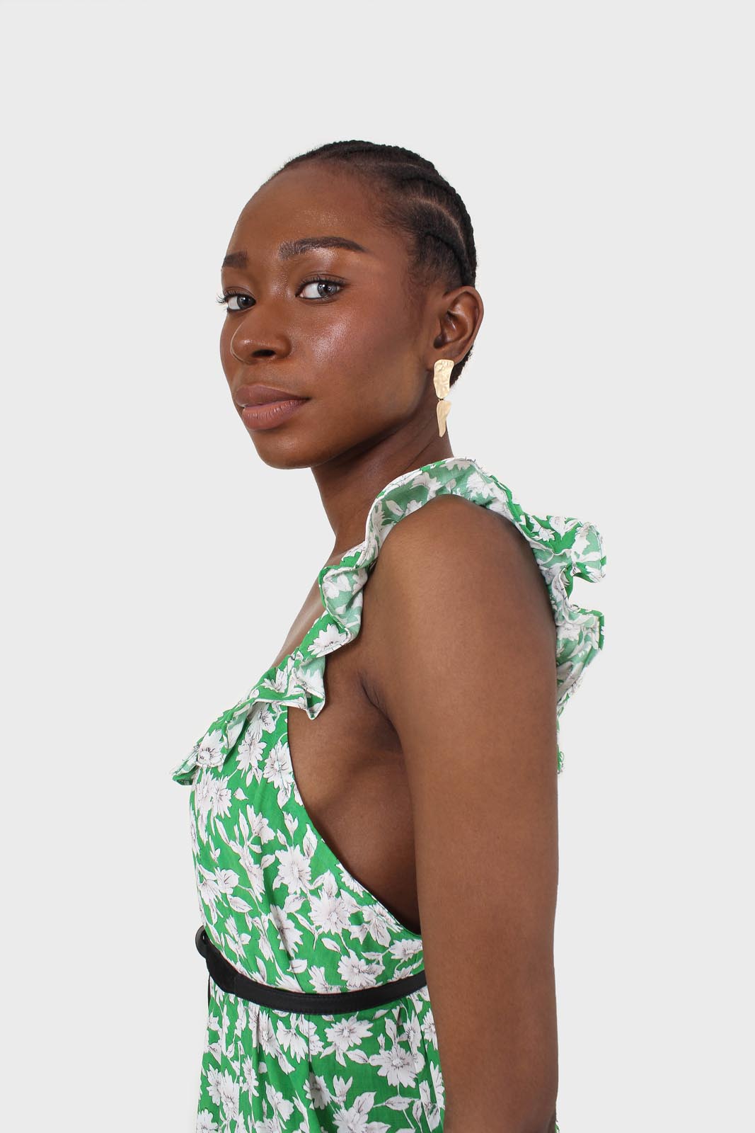 Green and ivory floral print ruffle strap midi dress_6