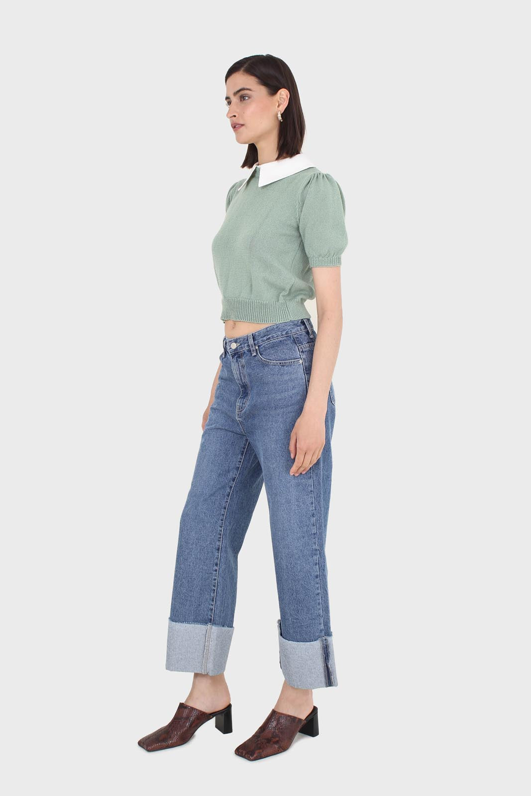 Green collar detail puff sleeved knit top_4