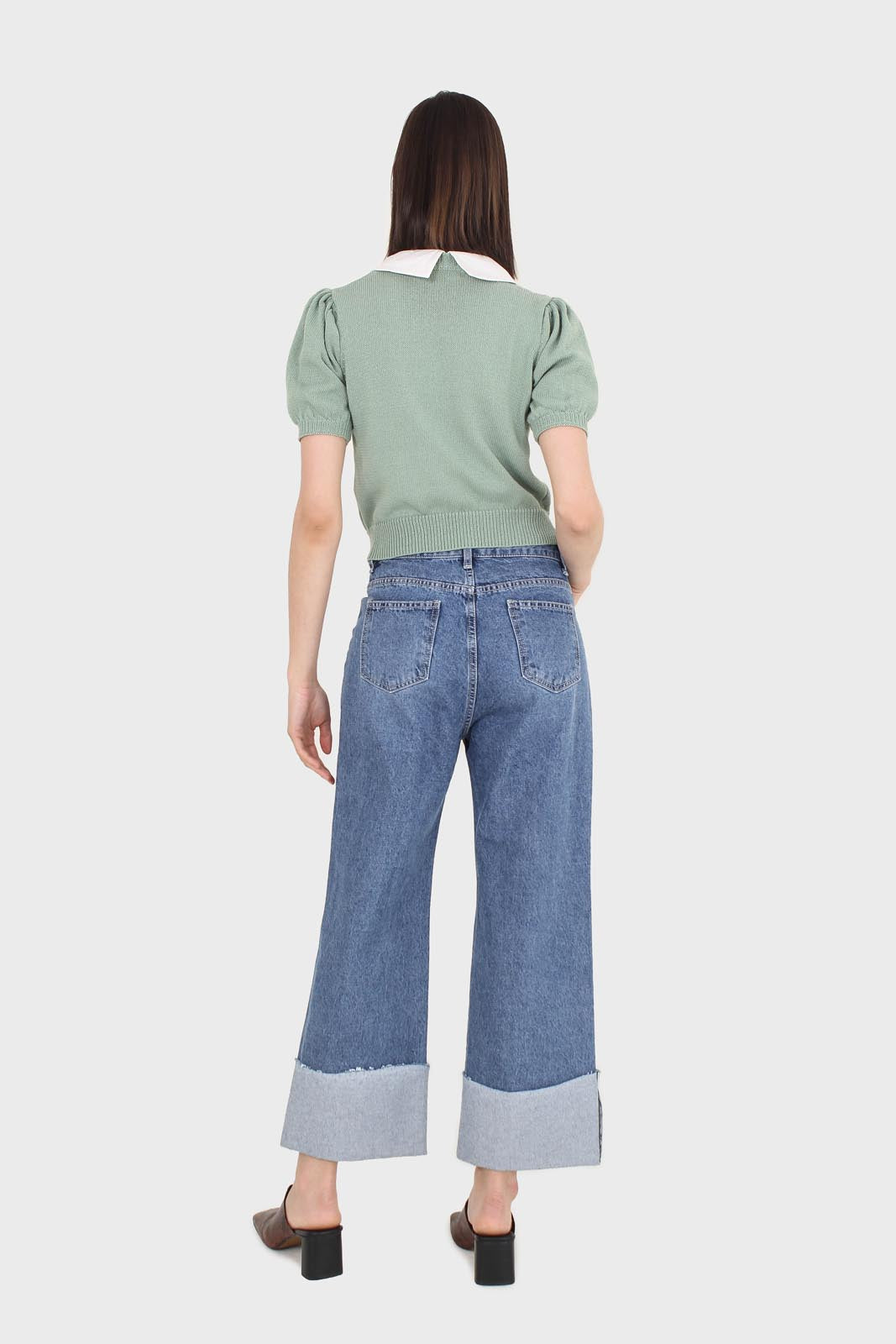 Green collar detail puff sleeved knit top_5