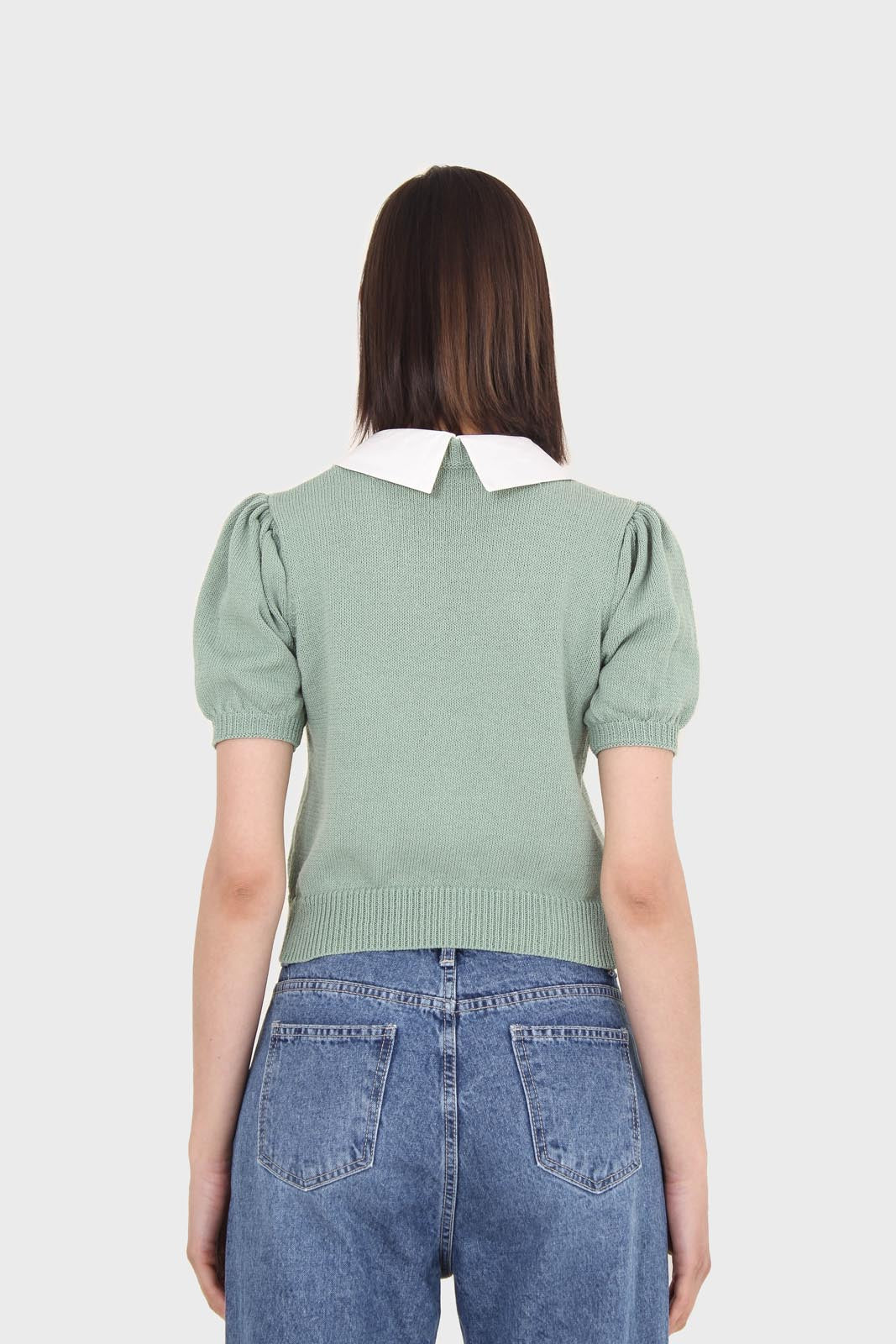 Green collar detail puff sleeved knit top_2