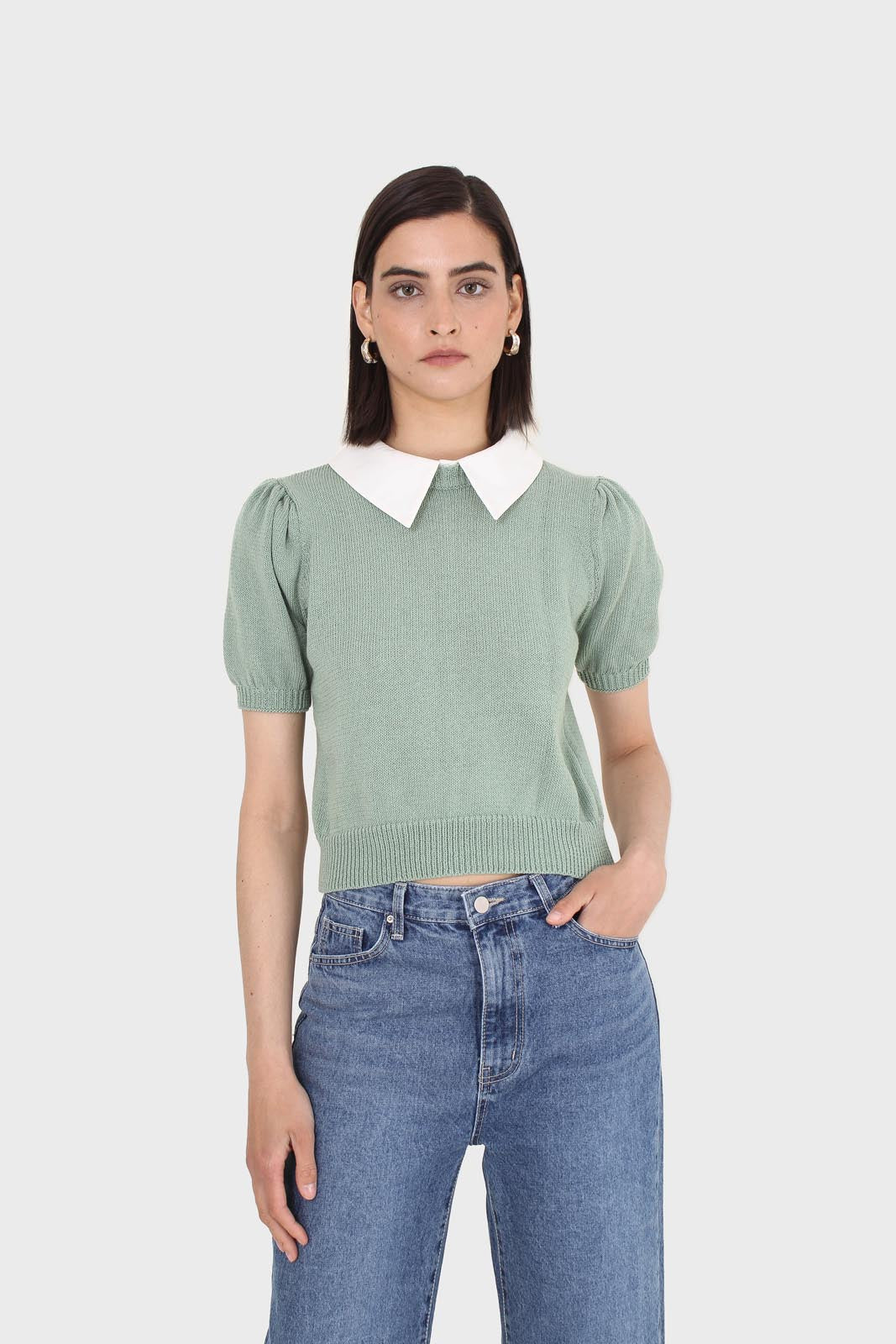 Green collar detail puff sleeved knit top_7
