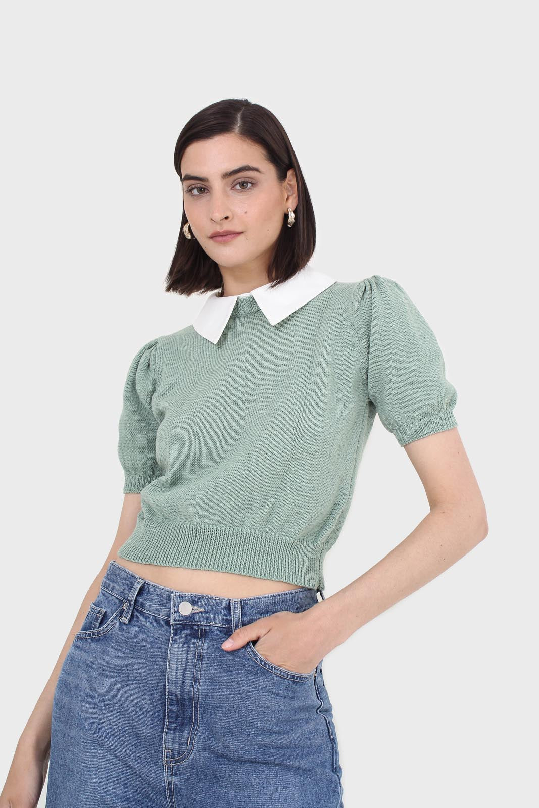Green collar detail puff sleeved knit top_1