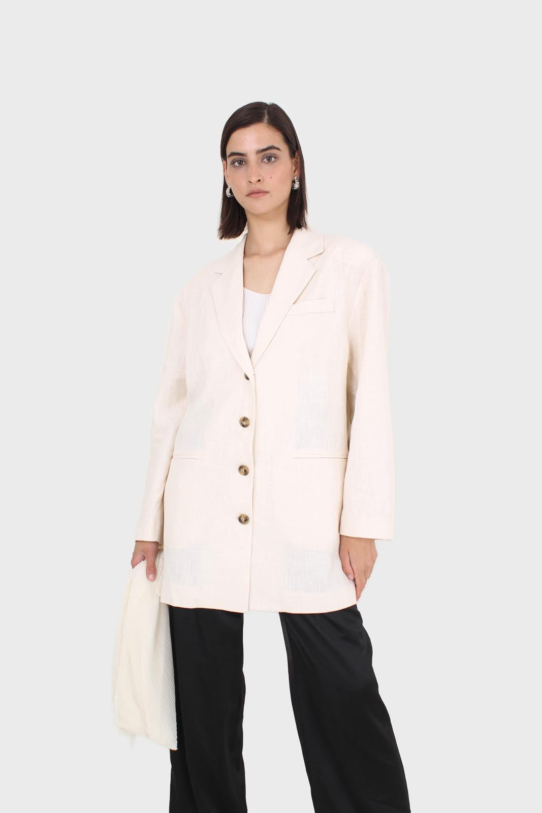 Oatmeal tortoise shell button casual linen blazer_6