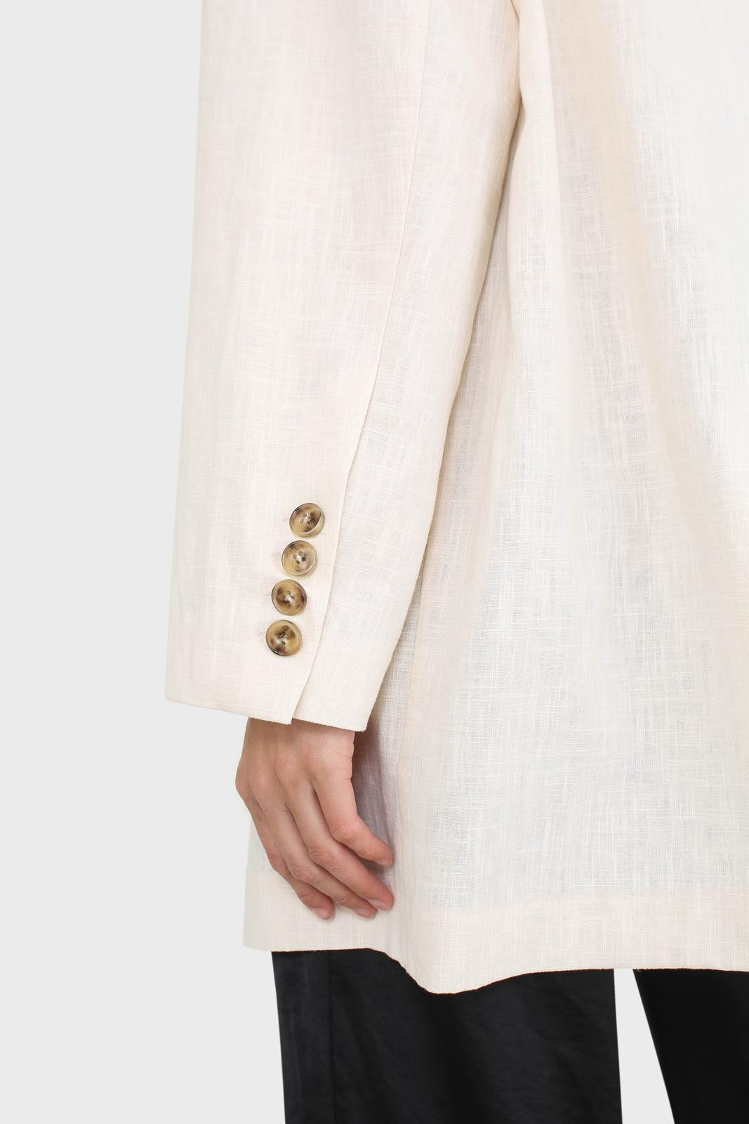 Oatmeal tortoise shell button casual linen blazer_7