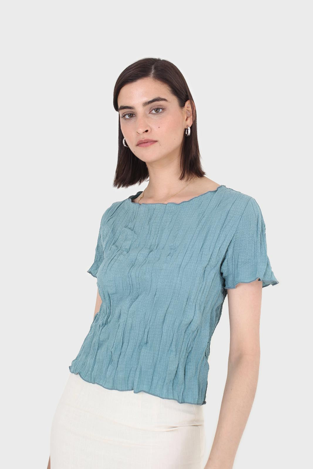 Teal wrinkled short sleeved tee_1