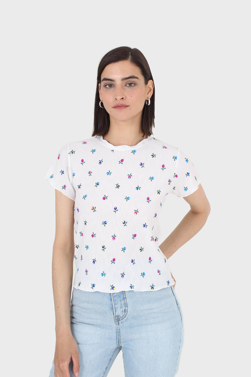 Ivory tiny floral print lettuce hem tee_4