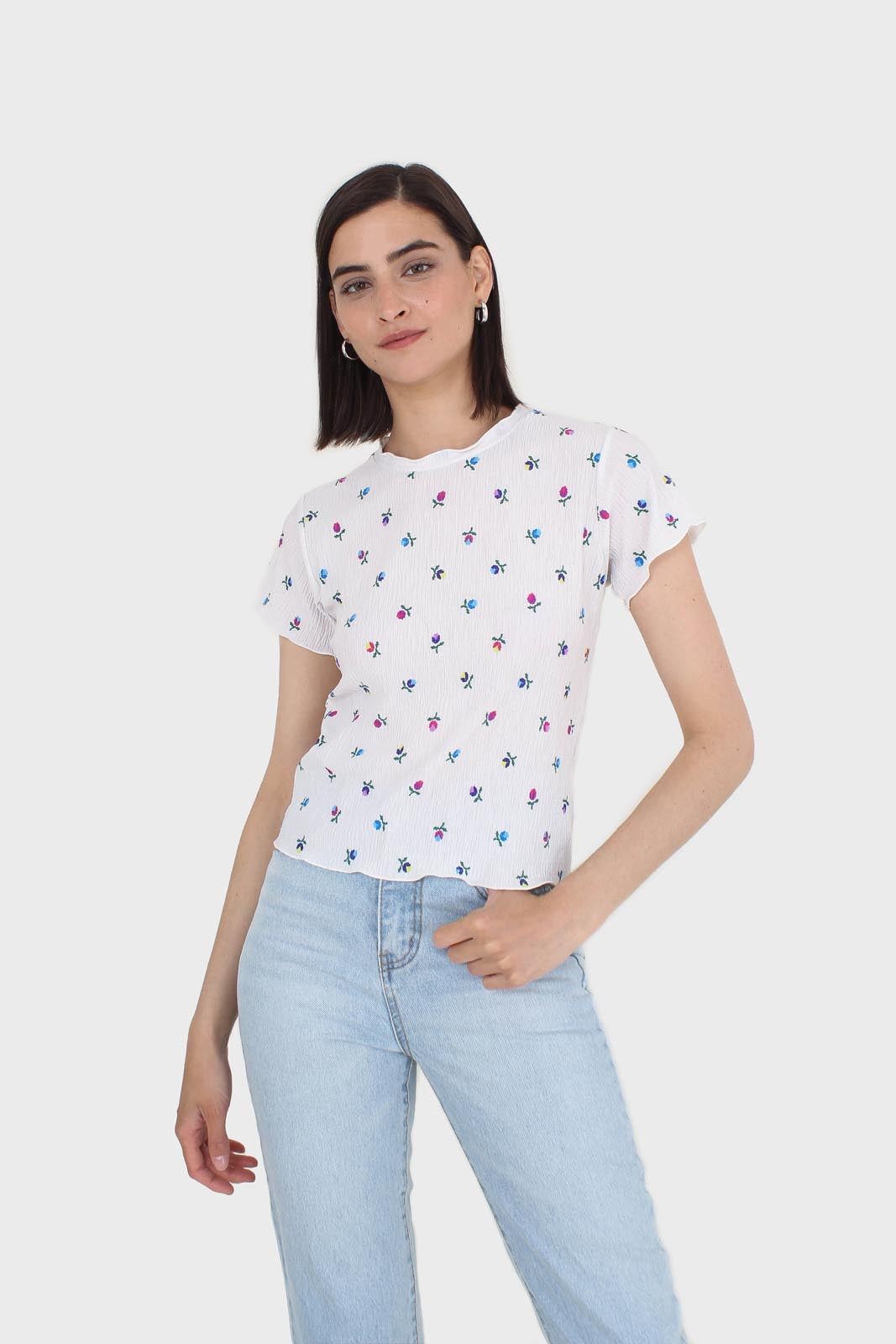 Ivory tiny floral print lettuce hem tee_5