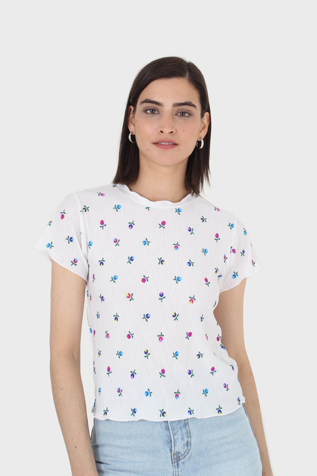 Ivory tiny floral print lettuce hem tee_6