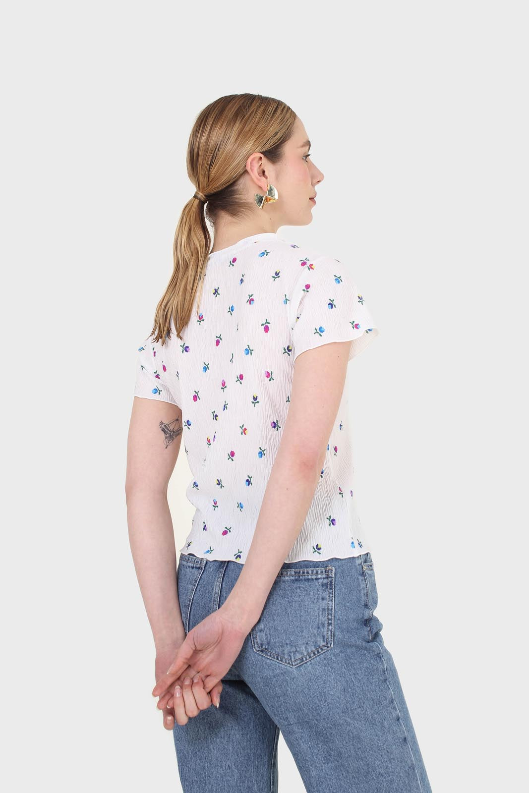 Ivory tiny floral print lettuce hem tee_3