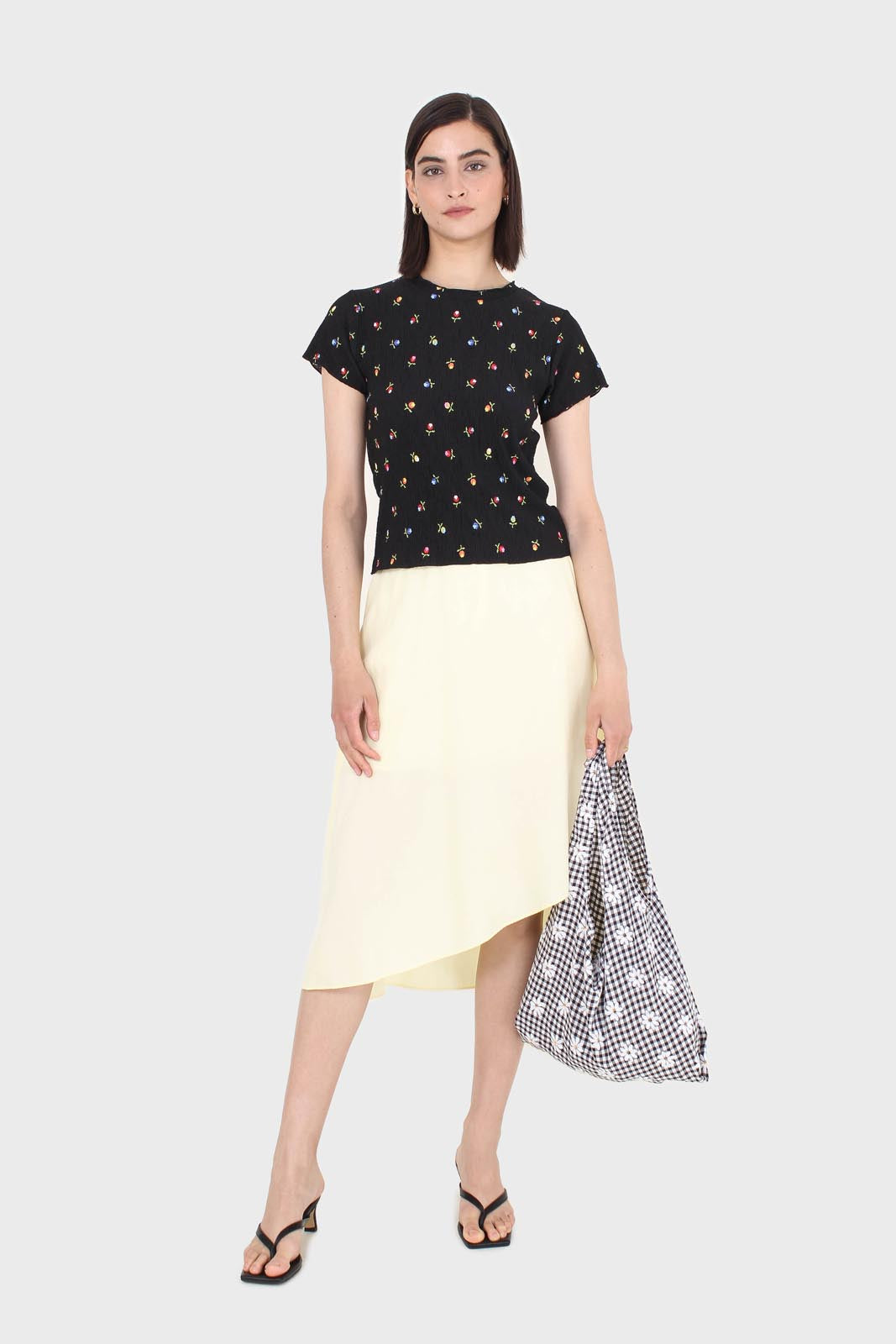 Black tiny floral print lettuce hem tee_2