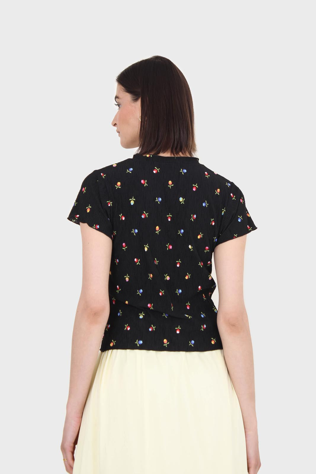 Black tiny floral print lettuce hem tee_3