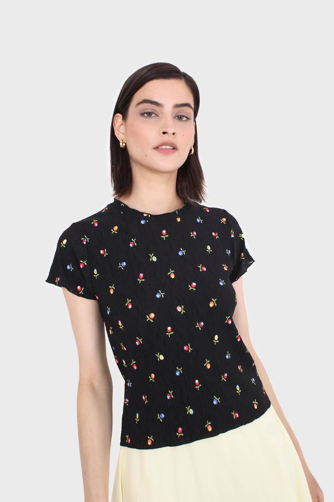 Black tiny floral print lettuce hem tee_1