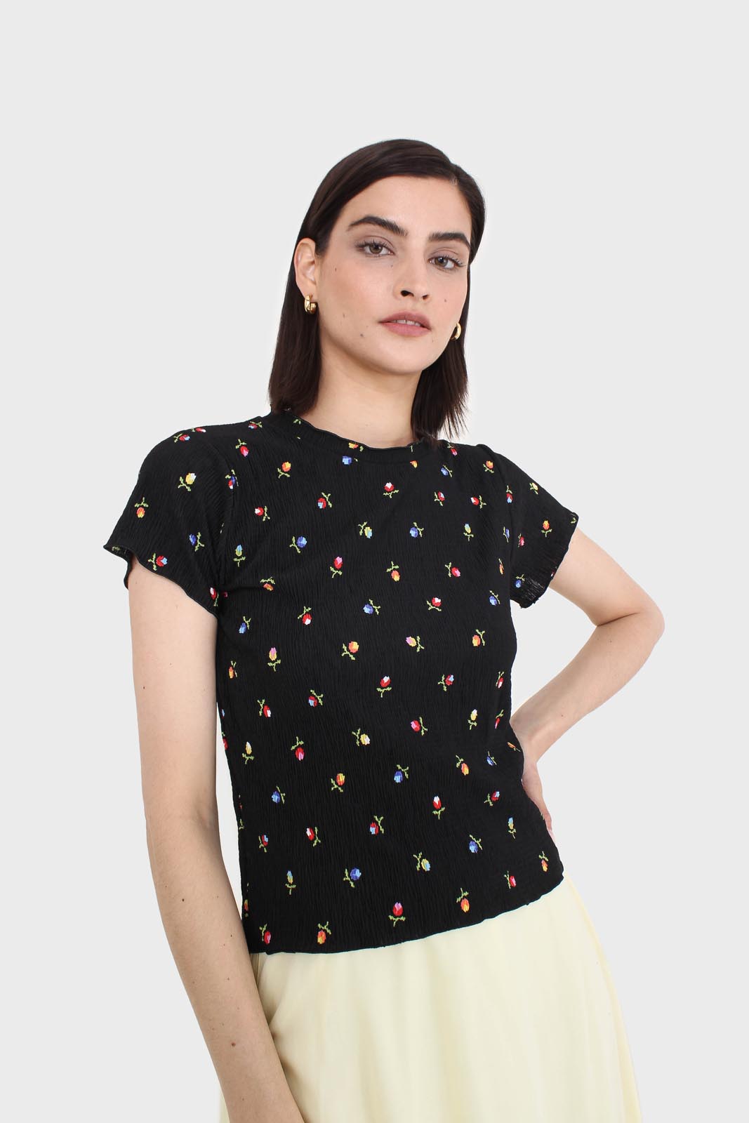 Black tiny floral print lettuce hem tee_5