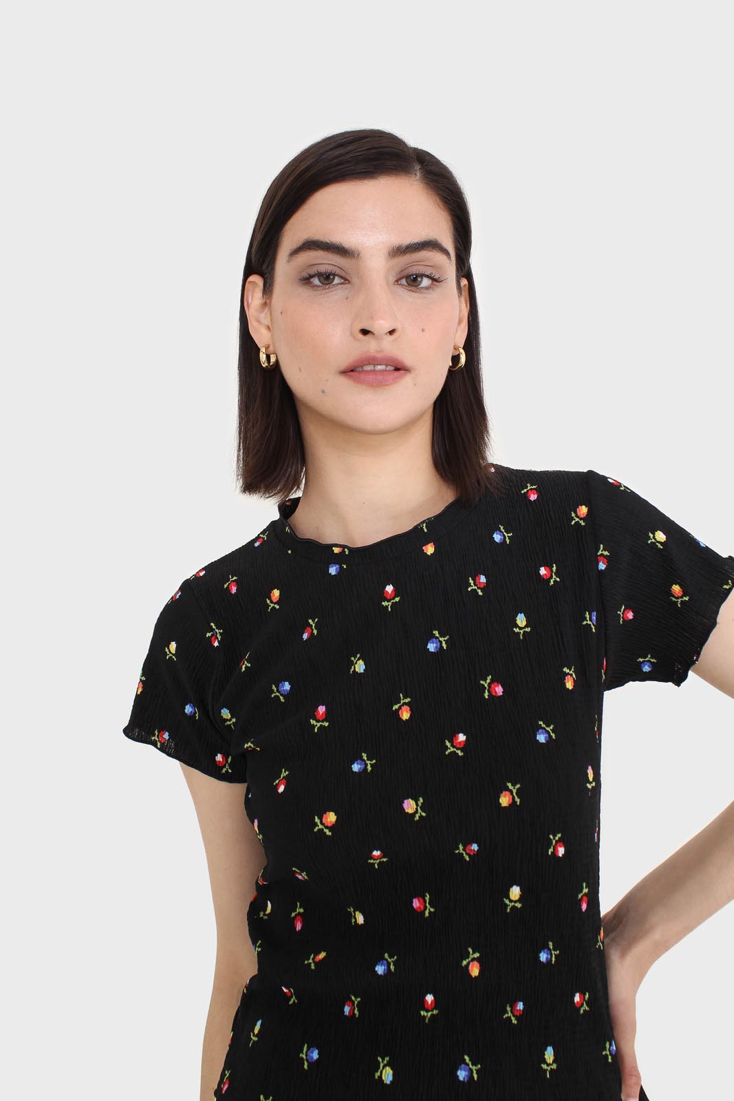 Black tiny floral print lettuce hem tee_9