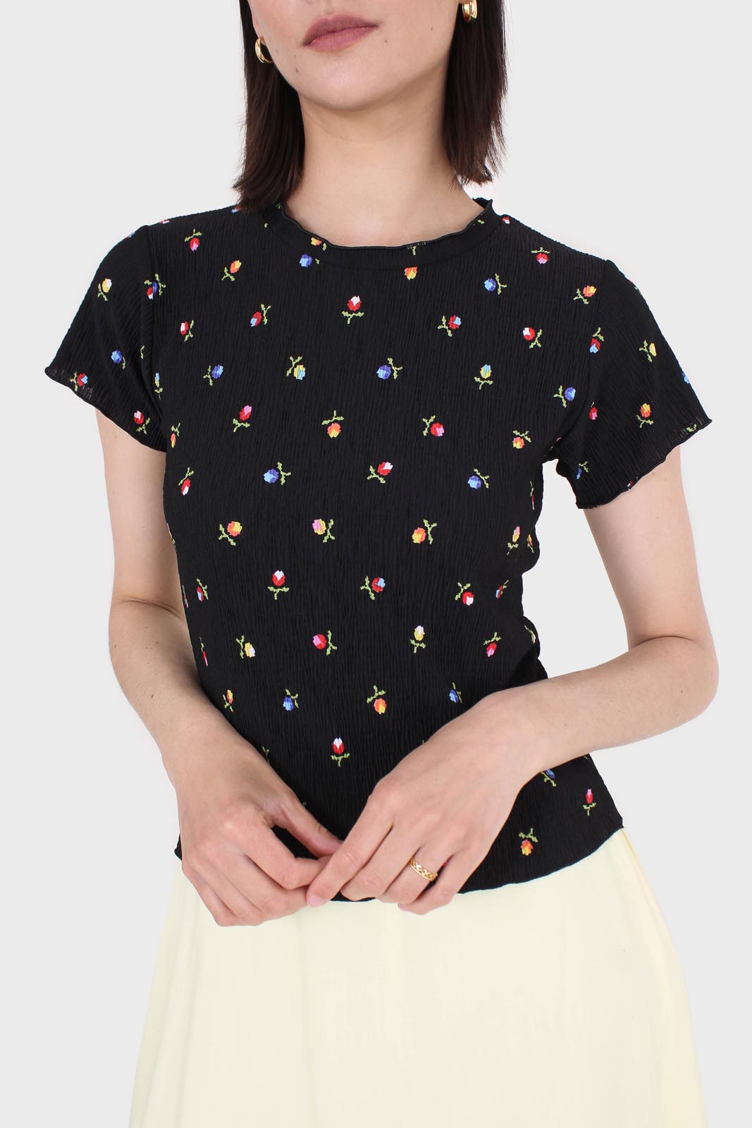 Black tiny floral print lettuce hem tee_7