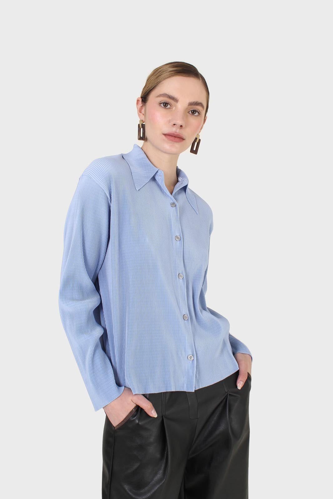 Sky blue micro pleated long sleeved shirt_8