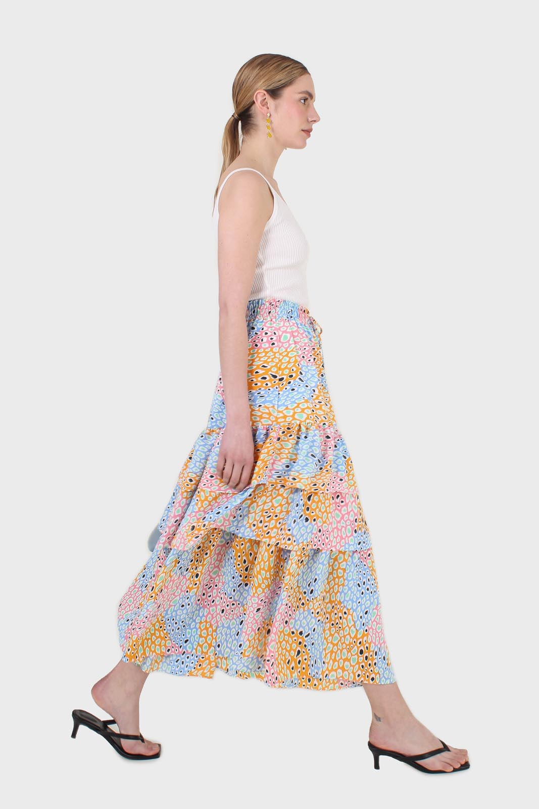 Pink multicoloured leopard print tiered midi skirt_6