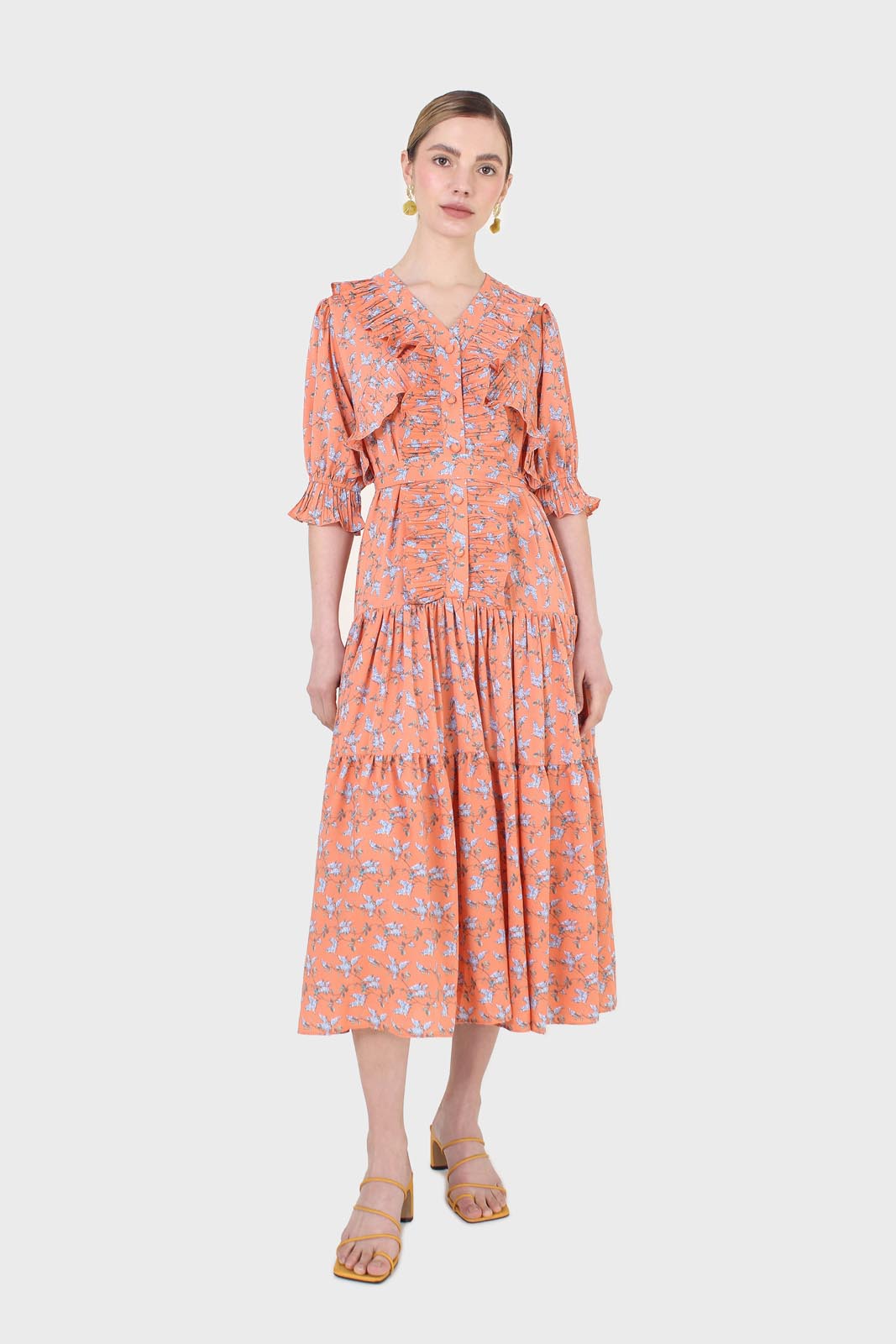 Orange floral printed ruffle dress_1