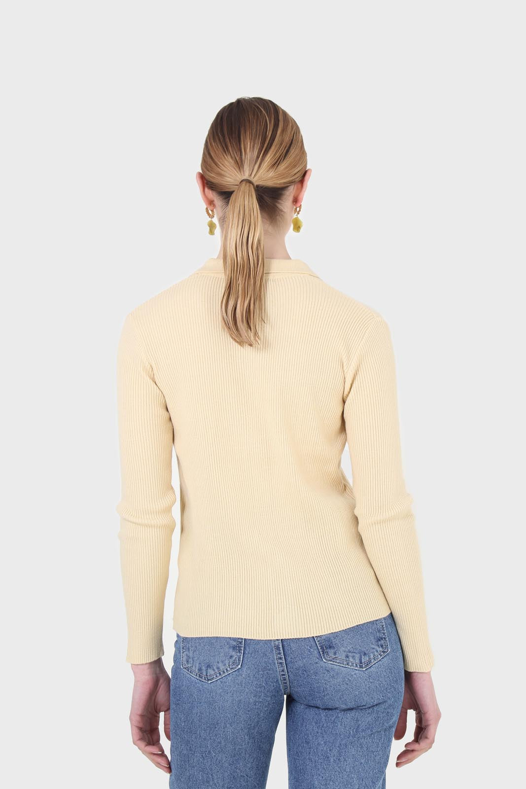 Yellow button front polo knit top_5