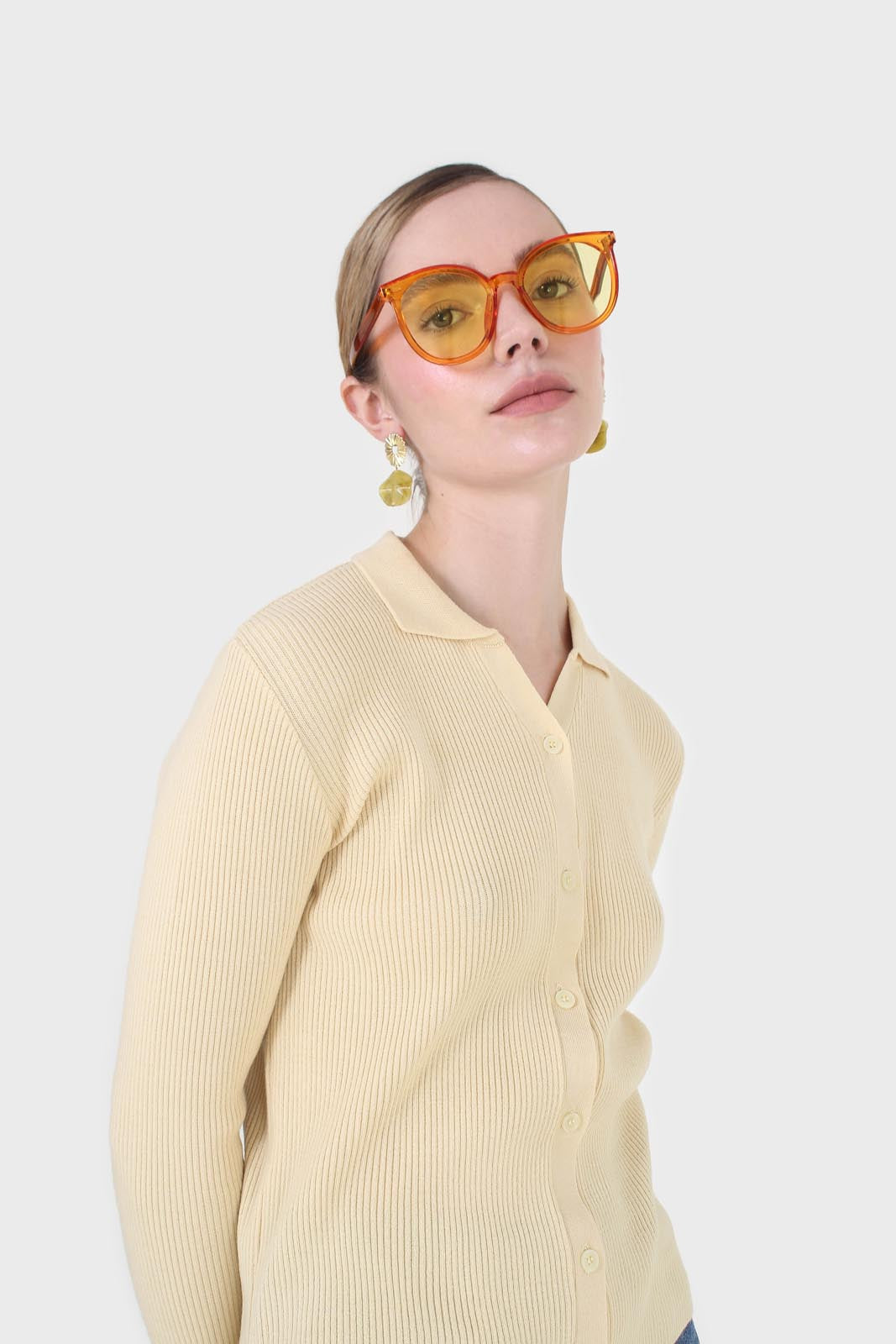 Yellow button front polo knit top_8