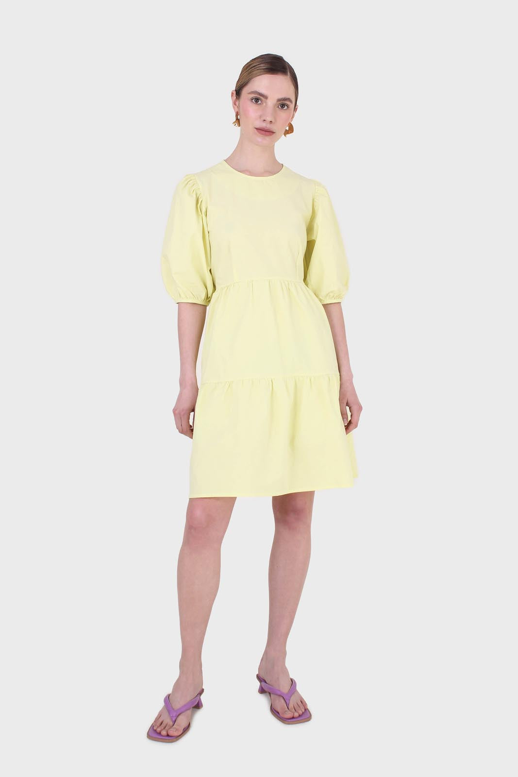 Yellow tiered puff sleeve mini dress_1