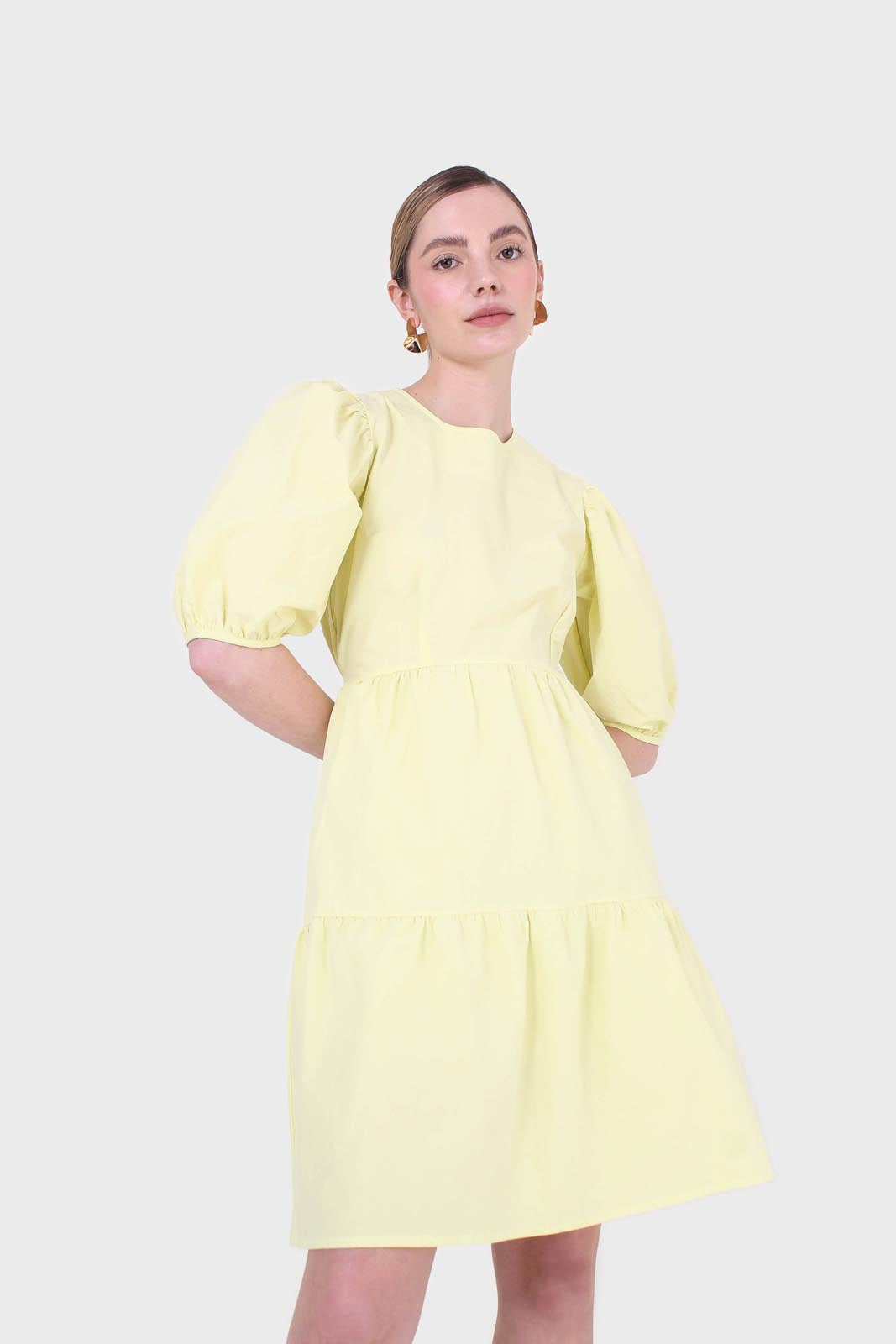 Yellow tiered puff sleeve mini dress_8
