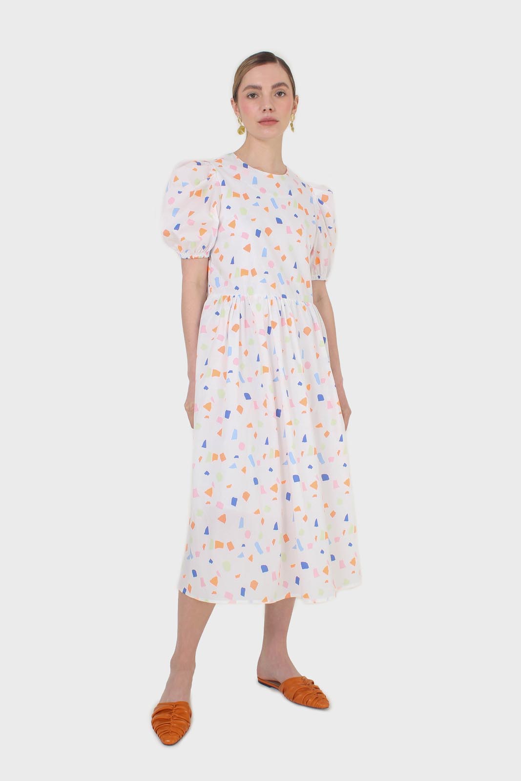White and multicolour geometric print midi dress_9