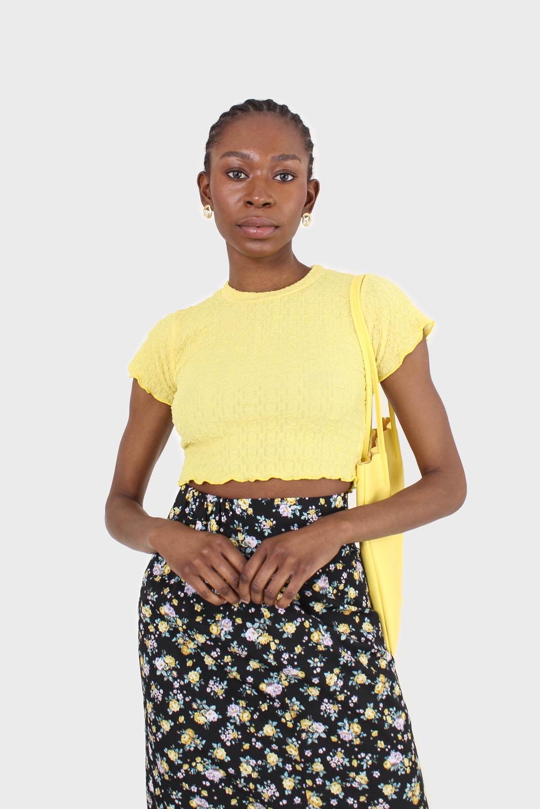 Yellow shirring crew neck tee_1