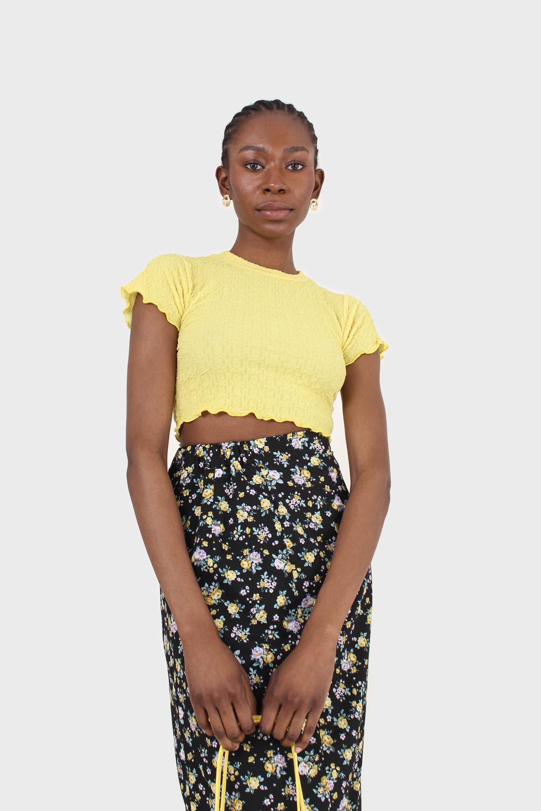 Yellow shirring crew neck tee_3