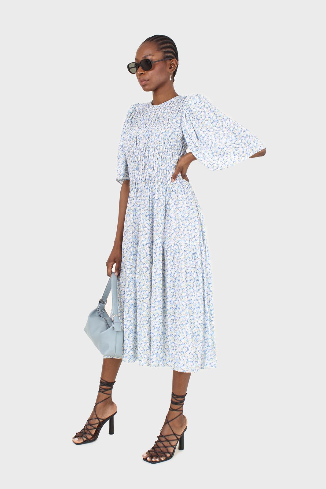 Blue tiny flower smocked bodice midi dress_3