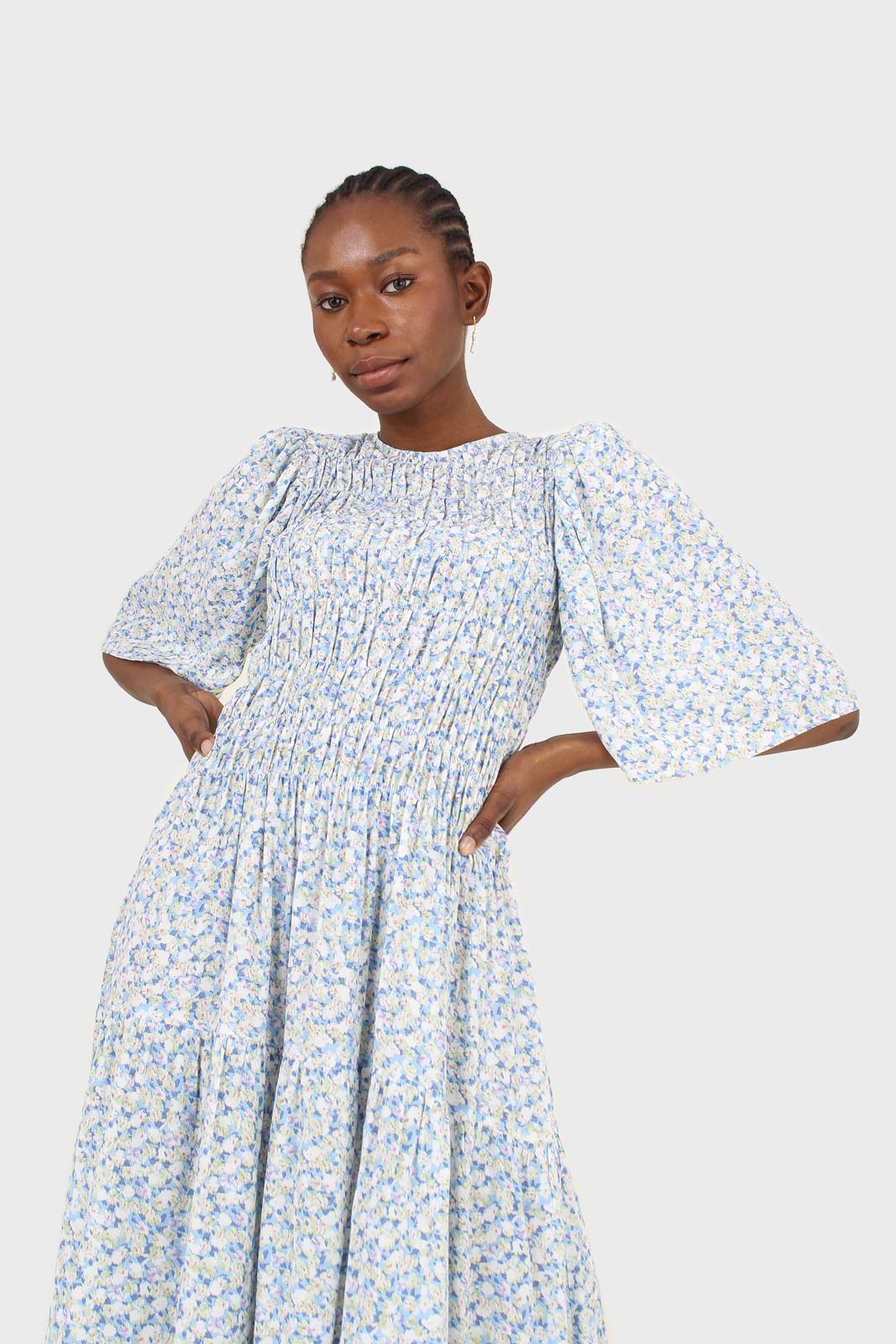 Blue tiny flower smocked bodice midi dress_6