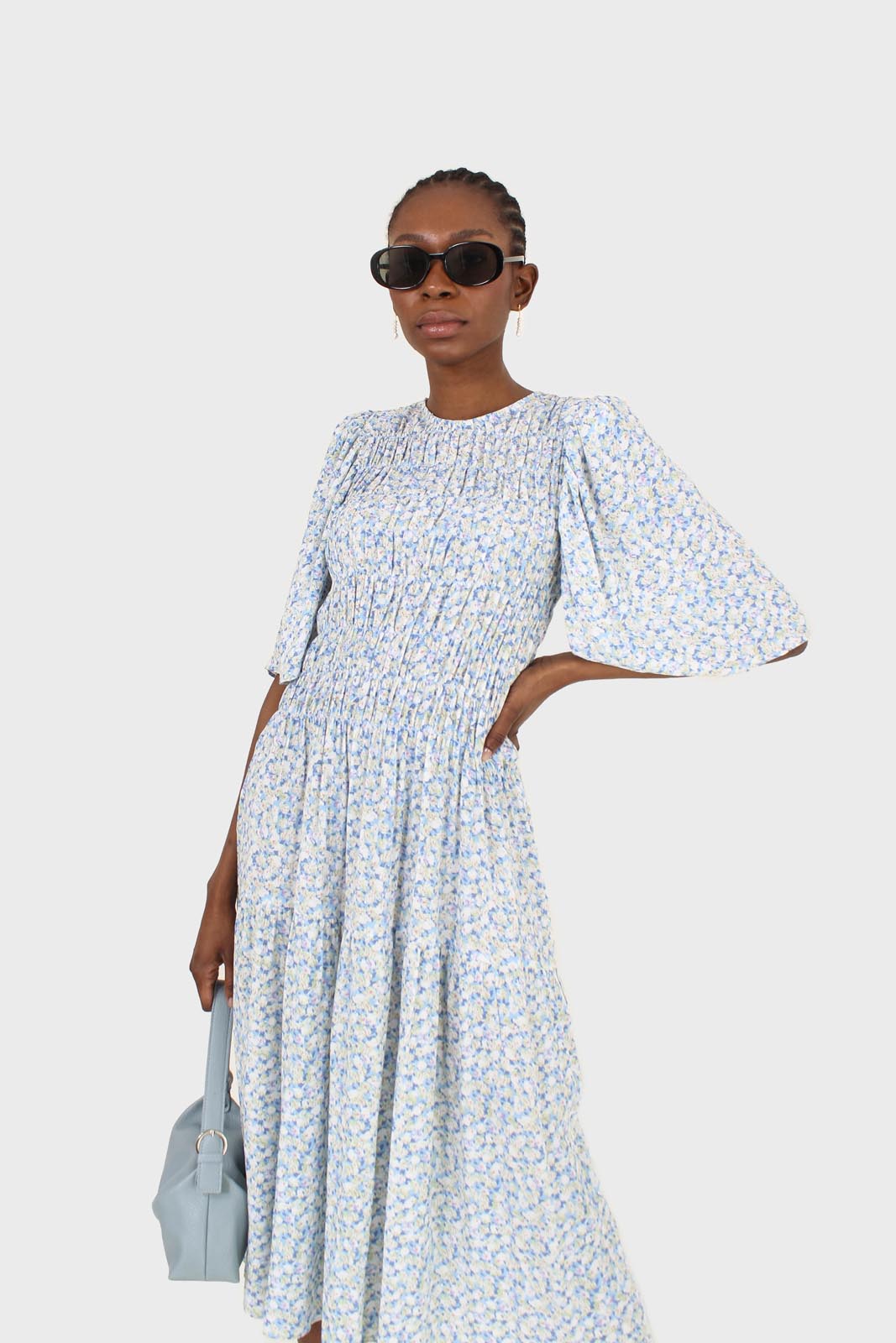 Blue tiny flower smocked bodice midi dress_8