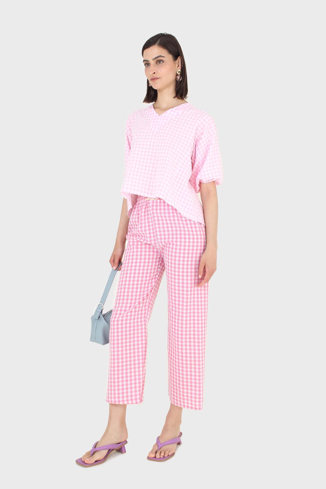 Pink gingham tie back puff sleeved top_4